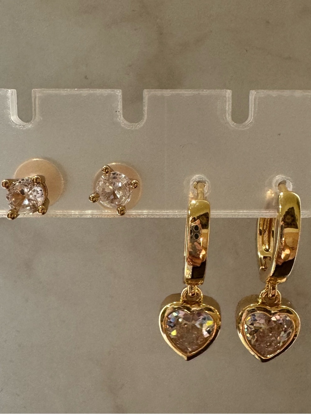 Heart Drop Huggie Earrings with Clear Stones - Gold